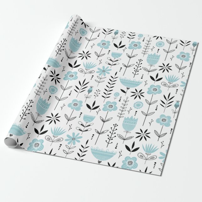 Papier Cadeau Modèle floral scandinave bleu (Déroulé)