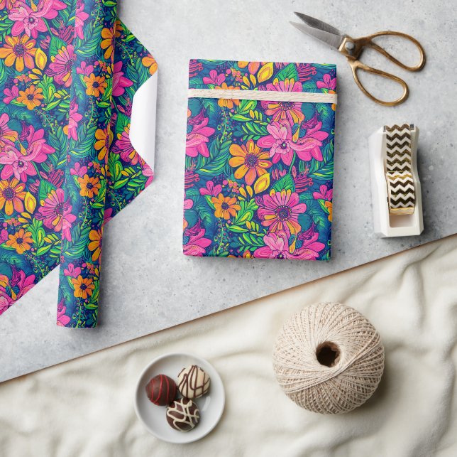 Papier Cadeau Modèle floral tropical peint à la main en rose gra (Artisanat)