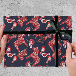 Papier Cadeau Modèle nordique scandinave cheval de Dala folk Noë