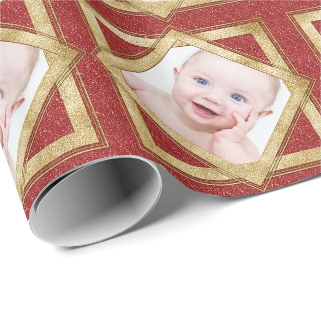 Papier Cadeau Modèle photo de Noël Rouge Or personnalisé (Coin rond)
