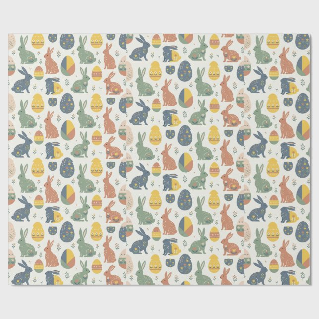 Papier Cadeau Modern Art Easter Bunny & Floral Egg Pattern Wrap (Plat)