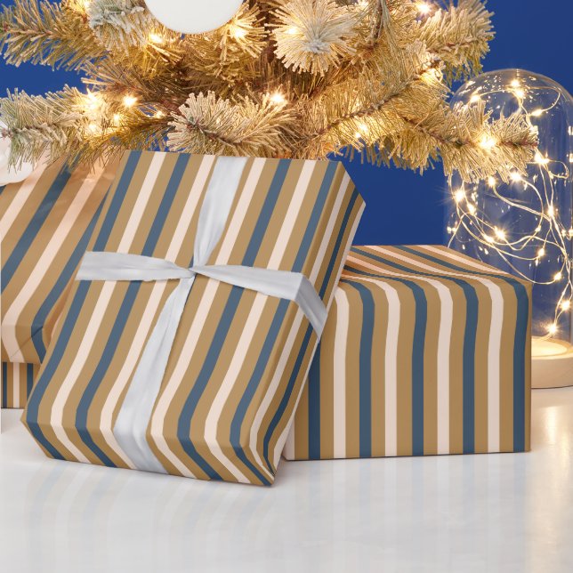 Papier Cadeau Modern Blue Gold White Stripe Christmas (Vacances)