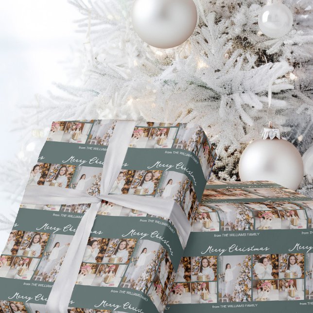 Papier Cadeau Modern Merry Christmas Photo Collage Grey Green (Créateur téléchargé)