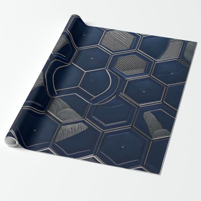 Papier Cadeau Modern Navy & Carbon Hexagon Tech Geometric (Déroulé)