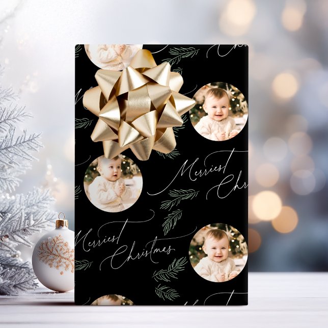 Papier Cadeau Modern Script Merriest Christmas Family 2 photo (Modern Script Merriest Christmas Family 2 photo Wrapping Paper)