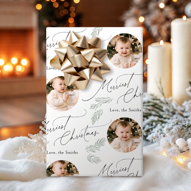 Papier Cadeau Modern Script Merriest Christmas Family 2 photo (Modern Script Merriest Christmas Family 2 photo Wrapping Paper)
