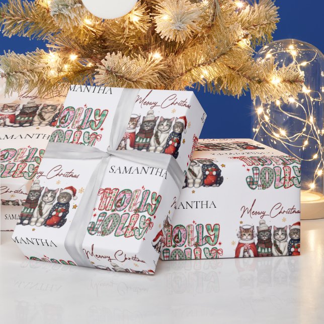 Papier Cadeau Modern Whimsical Holly Jolly Christmas Name  (Vacances)