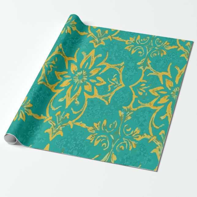 Papier Cadeau Modern Yellow Abstract Pattern on Teal Background (Déroulé)