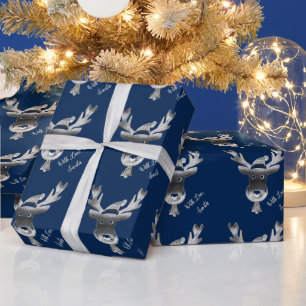 Papier Cadeau Moderne Bleu gris argenté renne doux Noël