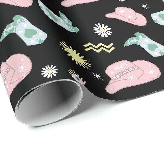 Papier Cadeau Moderne Cowgirl Aquarius Zodiac Motif Noir (Coin rond)