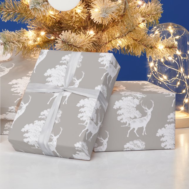 Papier Cadeau Moderne Elégant Cerf Blanc Bois Gris Argent (Vacances)