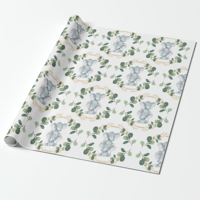 Papier Cadeau Moderne et élégant Twin Baby Elephant Green Gold (Déroulé)