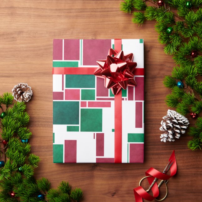 Papier Cadeau Moderne Gras Rouge et Vert Noël Mondrian (Cadeau de vacances)
