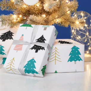 Papier Cadeau Moderne mignon arbres de Noël motif blanc vert