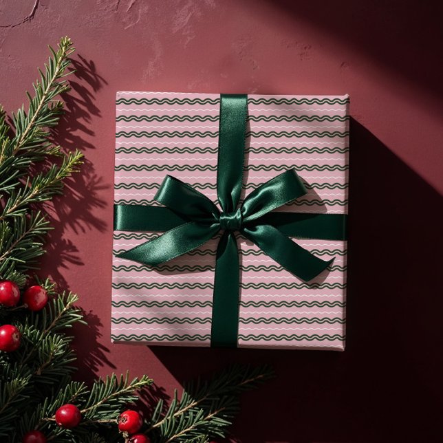 Papier Cadeau Moderne minimal rétro Wavy Vert & Rose Bande (Modern Minimal Retro Wavy Green & Pink Stripe Wrapping Paper)