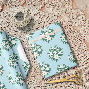 Papier Cadeau Moderne minimaliste Jasmin blanc floral sur bleu