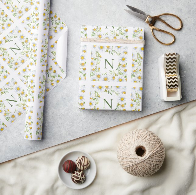 Papier Cadeau Moderne Monogramme Daisies Floral (Artisanat)