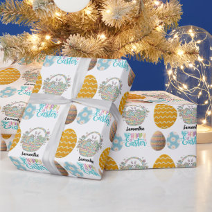 Papier Cadeau Moderne motif de œufs de Pâques Nom personnalisé