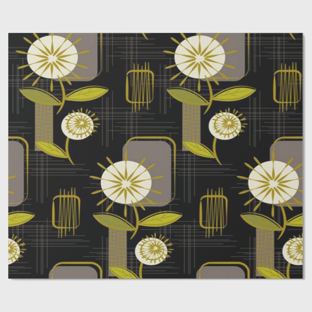 Papier Cadeau Moderne, Rétro, Motif Floral Du Milieu Du Siècle (Plat)