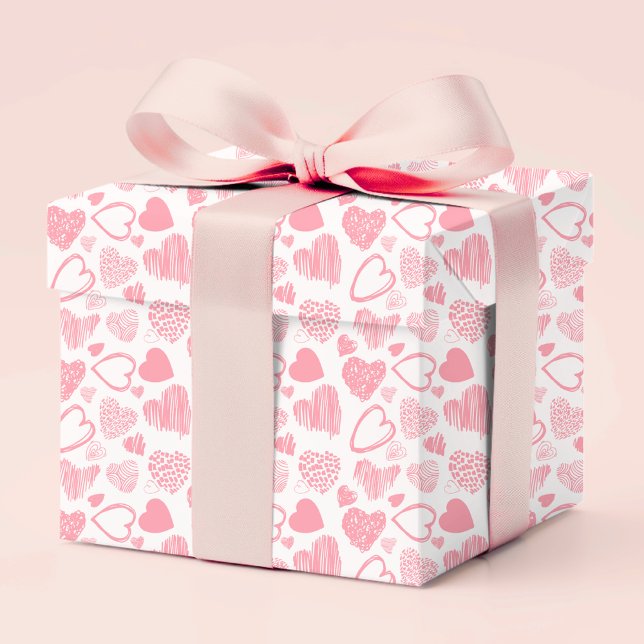 Papier Cadeau Moderne rose blanc Romantique Amour Coeur Doodle (Créateur téléchargé)