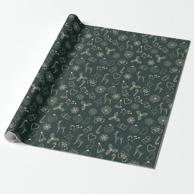 Papier Cadeau Moderne Sage foncé Vert mignon Motif de Noël (Déroulé)