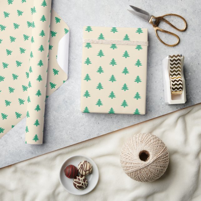 Papier Cadeau Moderne Simple Petits arbres de Noël verts sur le  (Artisanat)