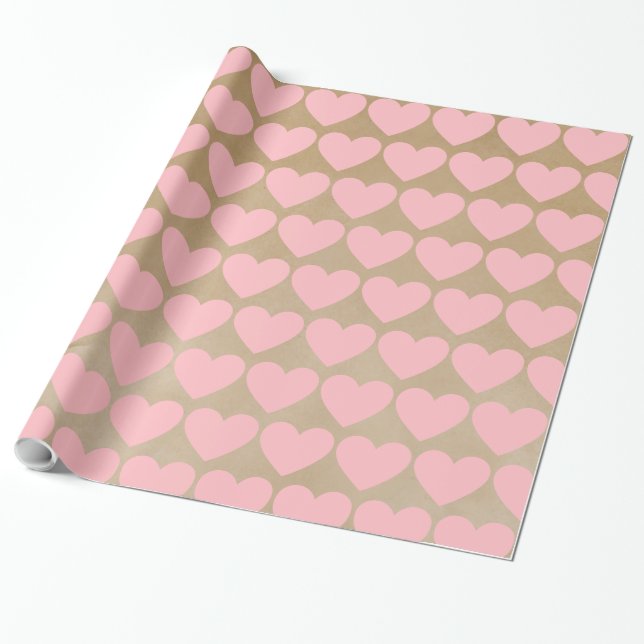 Papier Cadeau Moderne simple Valentine Coeurs roses Kraft (Déroulé)