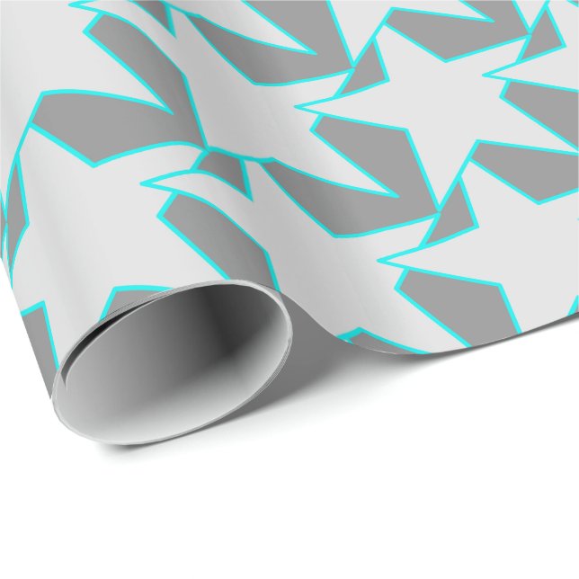 Papier Cadeau Moderne Star Géométrique - gris et turquoise (Coin rond)