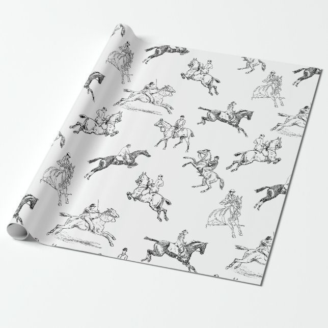 Papier Cadeau Moderne Style Black White Horseback Toile d'équita (Déroulé)