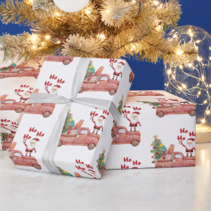 Papier Cadeau Moderne vintage motif Père Noël arbre camion rouge
