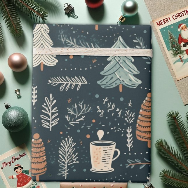 Papier Cadeau Moments d'hiver confortables, caféiers et pins, (Créateur téléchargé)
