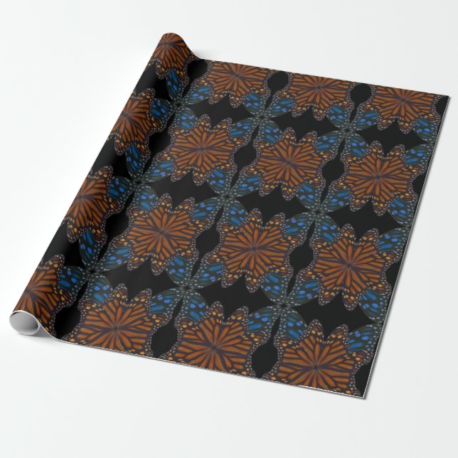 Papier Cadeau Monarch Butterfly Wing Orange Et Motif Bleu (Déroulé)