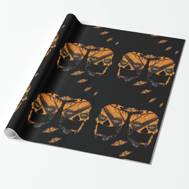 Papier Cadeau Monarque papillon crâne noir Halloween (Déroulé)