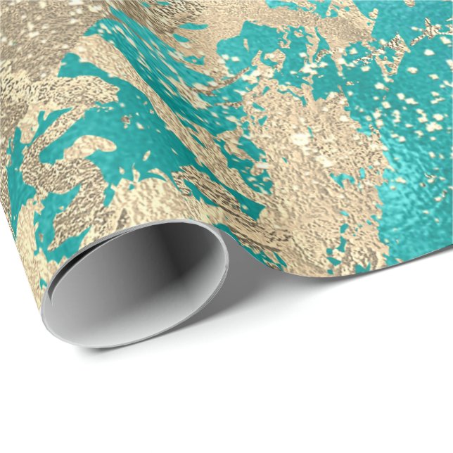 Papier Cadeau Monnaie Aqua Champaigne Or Marbre Artères métalliq (Coin rond)