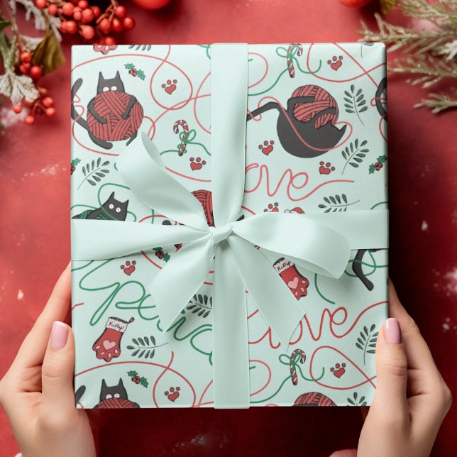 Papier Cadeau Monnaie de Noël Paix et Amour Fils Kitties (Cute light mint Christmas wrapping paper for Kitty Lovers. Kittens spell out PEACE and LOVE.)