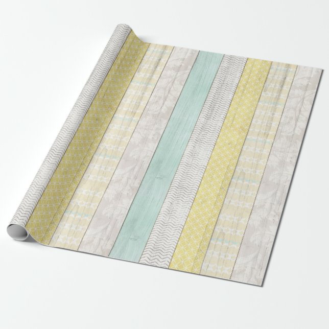 Papier Cadeau Monnaie et Boho jaune Motif géométrique Bois rusti (Déroulé)
