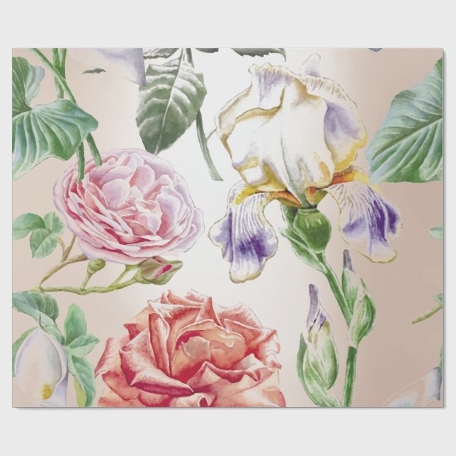 Papier Cadeau Monnaie Florale Tropical Roses rose crémeux Pearly (Plat)