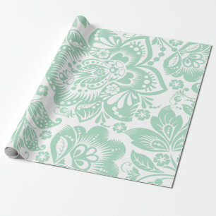 Papier Cadeau Monnaie Vert Baroque Fleurs Damas Sur Blanc No 2