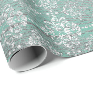 Papier Cadeau Monnaie Vert Métallo Damas Argent Gris Bois Rustiq