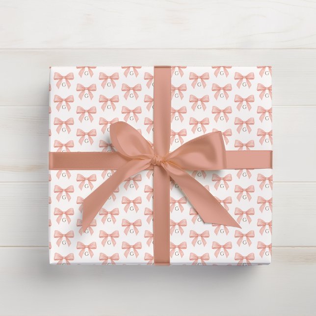 Papier Cadeau Monogram Blush Pink Bow Watercolor (Créateur téléchargé)
