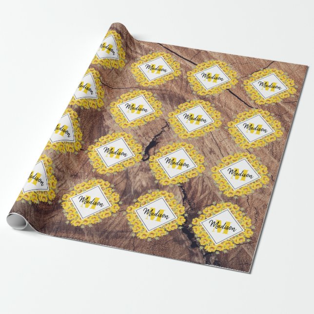 Papier Cadeau Monogram de Rustic Sunflowers & Wood Texture (Déroulé)