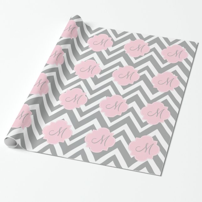 Papier Cadeau Monogram Grey et blanc Chevron avec Pastel Pink (Déroulé)