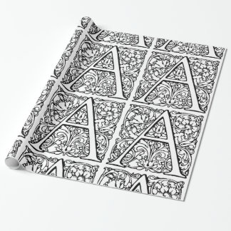 Papier Cadeau Monogramme A Modèle floral noir et blanc initial
