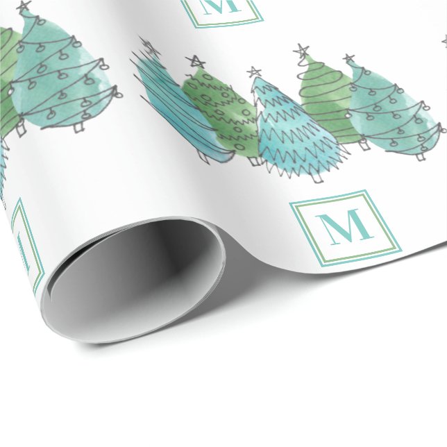 Papier Cadeau Monogramme Arbres de Noël verts (Coin rond)