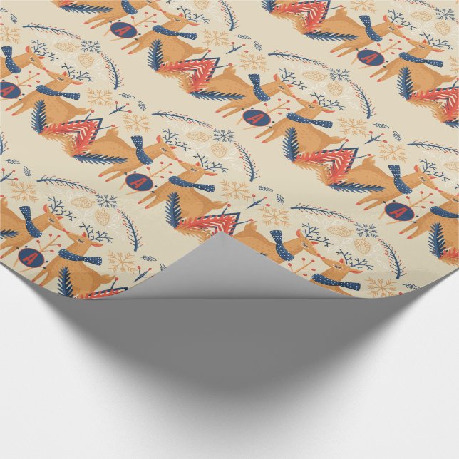 Papier Cadeau Monogramme Art populaire Noël Cerfs Arbres Bleus R (Coin)