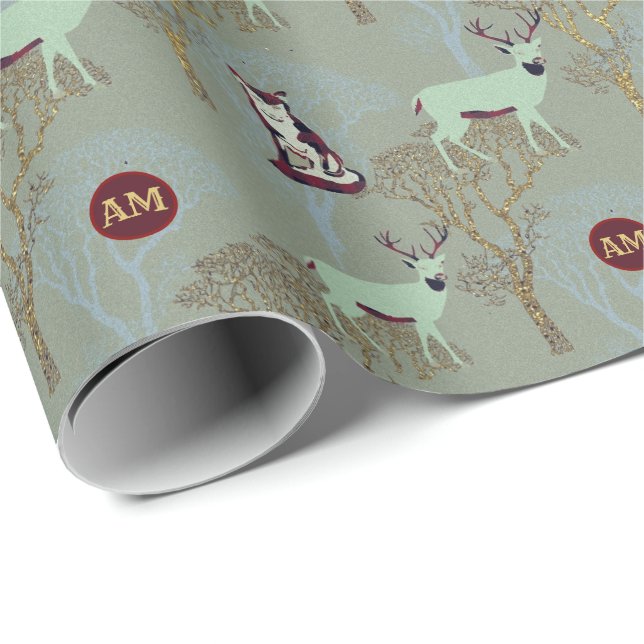 Papier Cadeau Monogramme Bois Animaux Arbres d'or Buffalo Plaid (Coin rond)