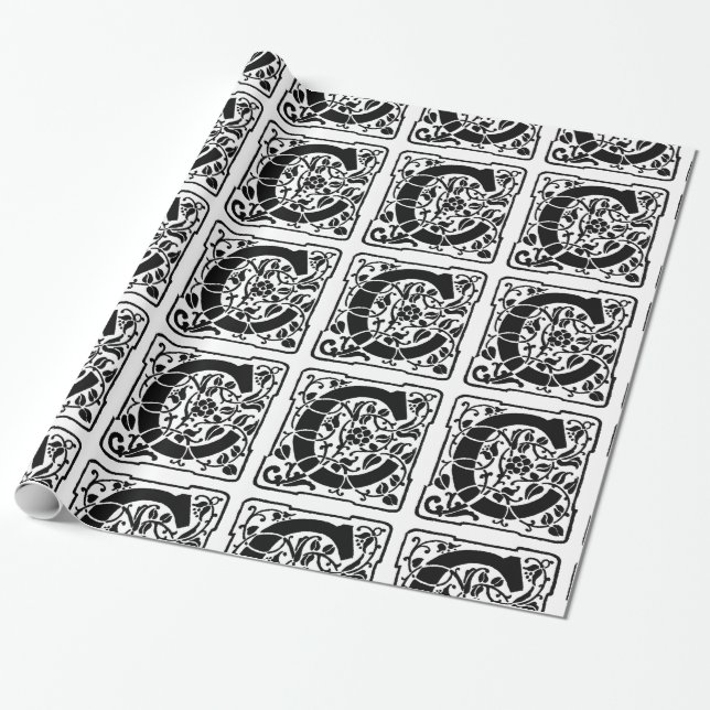 Papier Cadeau Monogramme C Modèle floral noir et blanc initial (Déroulé)