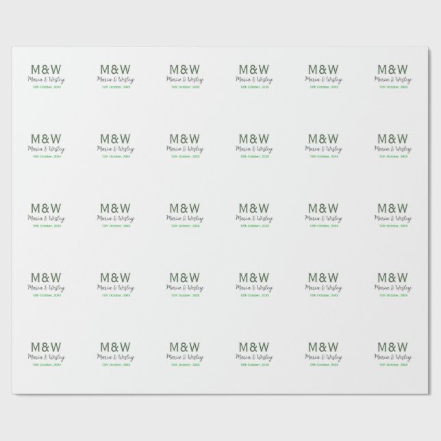 Papier Cadeau Monogramme couple gris vert moderne date romantiqu (Plat)
