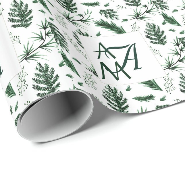Papier Cadeau Monogramme de feuilles vertes de forêt 3 initiales (Coin rond)