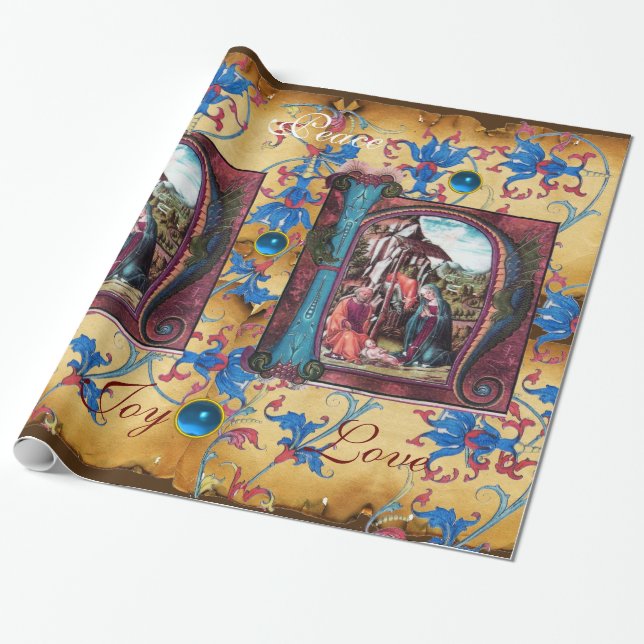 PAPIER CADEAU MONOGRAMME DE LA NATIVITÉ PARCHEMENT FLORAL DE NOË (Déroulé)
